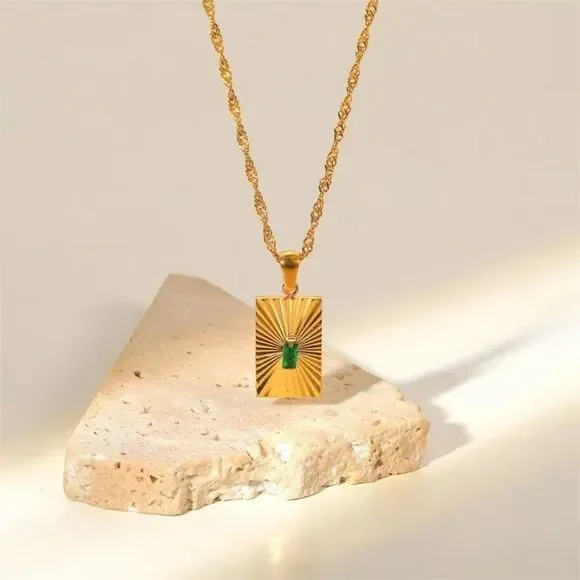 Emerald Green Cubic Zirconia 18K Gold Plated Stainless Steel Pendant Necklace - Picture 6 of 15